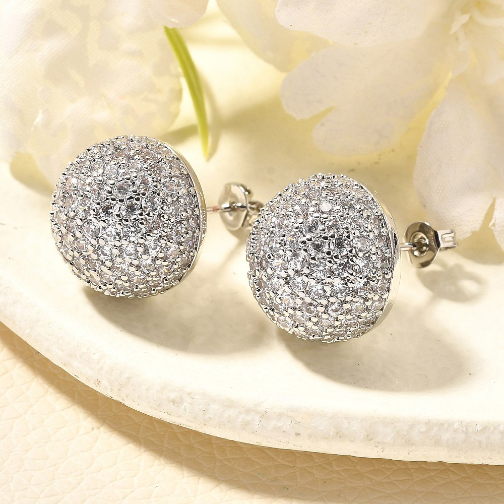 Half Round Brass Micro Pave Clear Cubic Zirconia Stud Earrings Rack Plating Long-Lasting Plated Cadmium Free & Lead Free Platinum 15.5mm