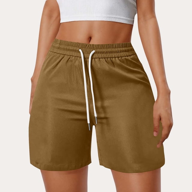 Karight Bermuda Shorts for Women 6'' Wide Leg Athletic Drawstring Summer Knee Length Gym Workout Yoga Shorts with Pockets