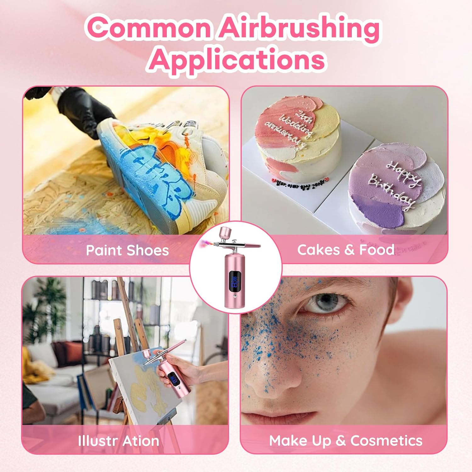 Airbrush Kit with Compressor, LED Display, Great for Painting, Modeling, Cake Decorating, Makeup, Nail Art、DIY (Pink)