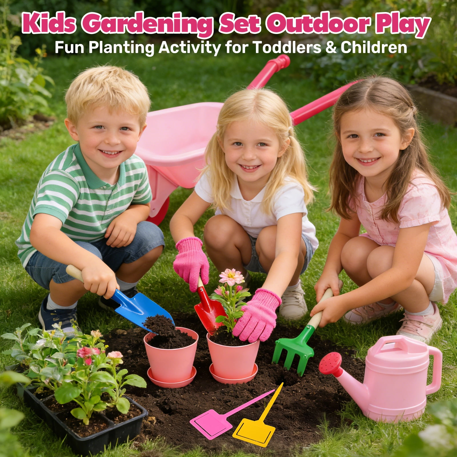 CUTE STONE Kids Gardening Tool Set, 13-Piece Pink Wheelbarrow Kit with Watering Can, Shovels, Rake, Gloves, Planters for Outdoor/Indoor Pretend Play, Toddlers Girls & Boys Age 3+