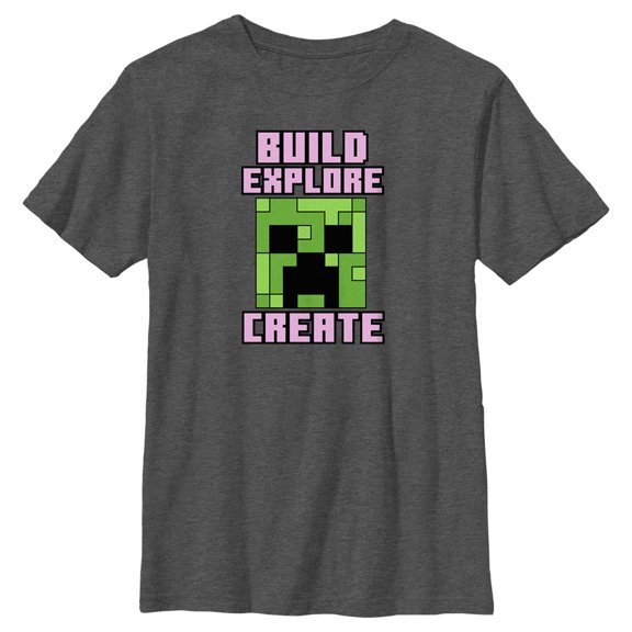 Boy's Minecraft Creeper Face Build Explore Create  Graphic Tee Charcoal Heather X Large