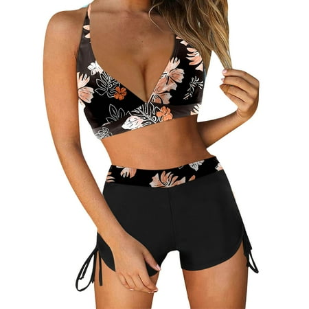 Chuancc Women s Underwear and Bras Womens Bikini Swimsuits Sporty Two Piece Swimsuits High Waisted Athletic Bikini Sets Color Block Bathing Suit With Bottoms Two Piece Swimsuit Black 2XL Clearance