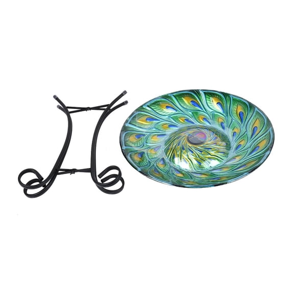 Hi-Line Gift Ltd 78415-P Solar Glass Turquoise Peacock Feathers Bird Bath with Stand
