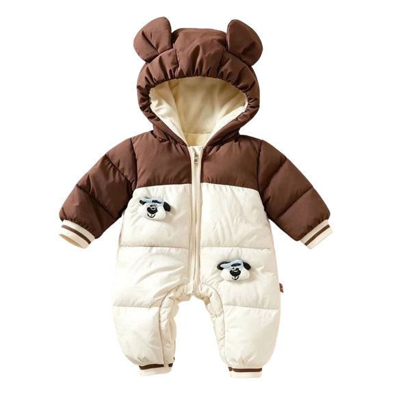 JFOPQVSM Baby Winter Snowsuit Bear Ear Hooded Padded Romper Fleece Lined Color Block Zipper Jumpsuit Infant Cold Weather Outfit