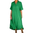 thumbnail image 1 of Besolor Robes Grande Taille pour Femmes Col en V à Revers Manches Longues Robe en Coton et Lin Ample Fluide Ourlet Arrondi Robe Midi, 1 of 5