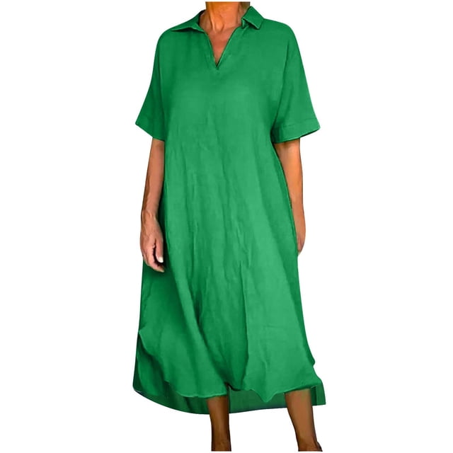 Besolor Robes Grande Taille pour Femmes Col en V à Revers Manches Longues Robe en Coton et Lin Ample Fluide Ourlet Arrondi Robe Midi