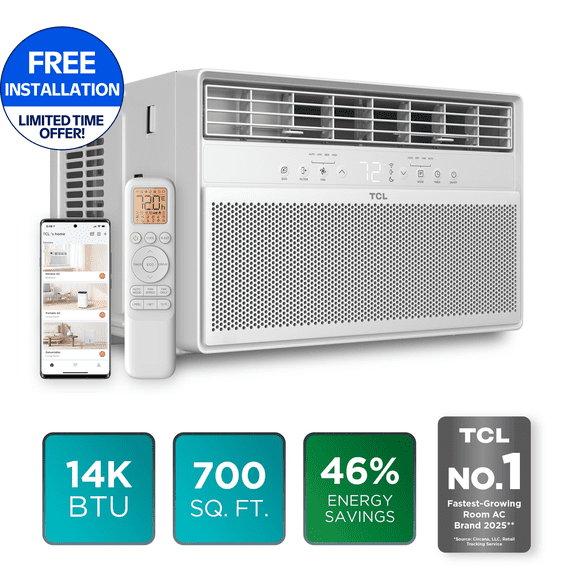 TCL 14,000 BTU Smart Inverter Window Air Conditioner (White) - 700 Sq ft with up to 46% Energy Savings, Quiet Cooling Tech, 3-in-1 Cooling, Fan & Dehumidifier, Matter Wi-Fi, Remote Control - W14WC72