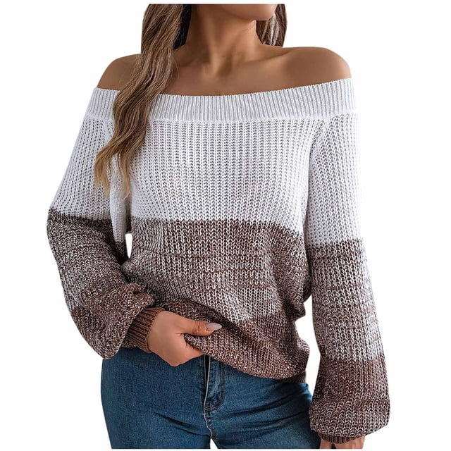 UAMVSH Off Shoulder Sweaters for Women Oversized Long Sleeve Basic Tops Fashion Color Block Loose Pullover Soft Knitted Sweaters(Small,Coffee)