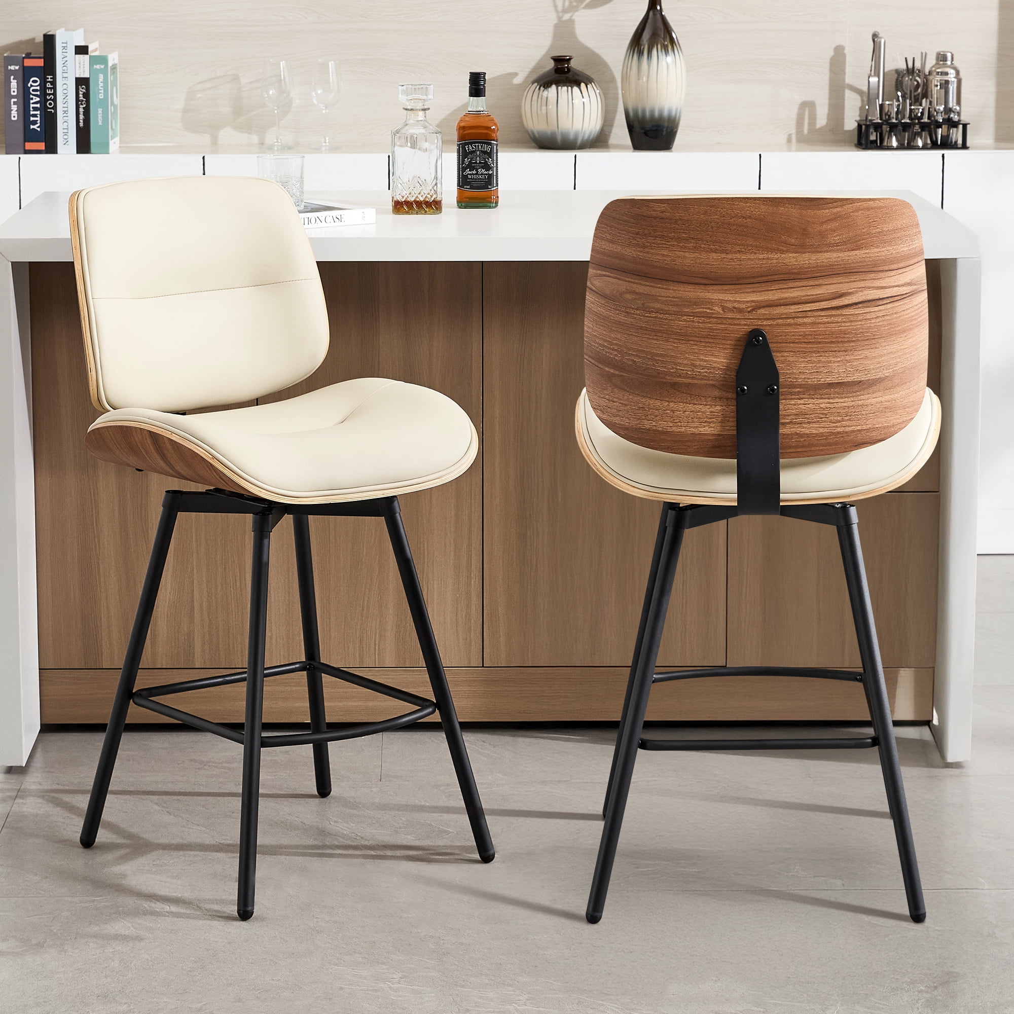 Counter Height Bar Stools Set of 4, 26" Swivel PU Leather Upholstered Bar Stools with Walnut Backs and Metal Legs, Retro Counter Stools for Kitchen Island, Dining Room, Pub, Beige