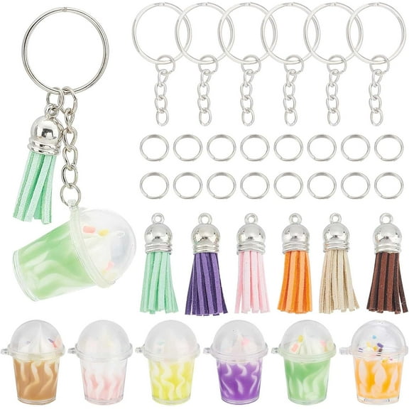 38Pcs DIY 6 Sets Milk Tea Charms 3D Miniature Ice Cream Charm Tea Keychain Making Kit Suede Tassels for Jewelry Making Key Chains DIY Supplies Key Rings Split Jump Ring Gift
