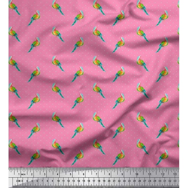 Soimoi Polyester Crepe Fabric Dot & Parrot Bird Print Fabric by The Yard 42 Inch Wide