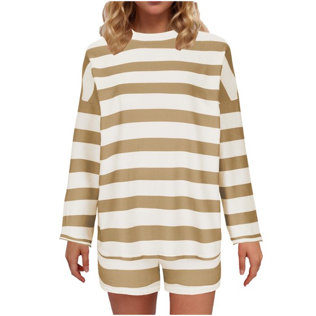 Offre Limitée Tenues tumgatte pour Femmes Ensemble de Détente Femmes Automne Hiver Ensembles Pyjamas Vêtements de Détente Imprimé Rayé Manches Longues Col Rond Pull Hauts et Pantalons Tenues d'Hiver pour Femmes