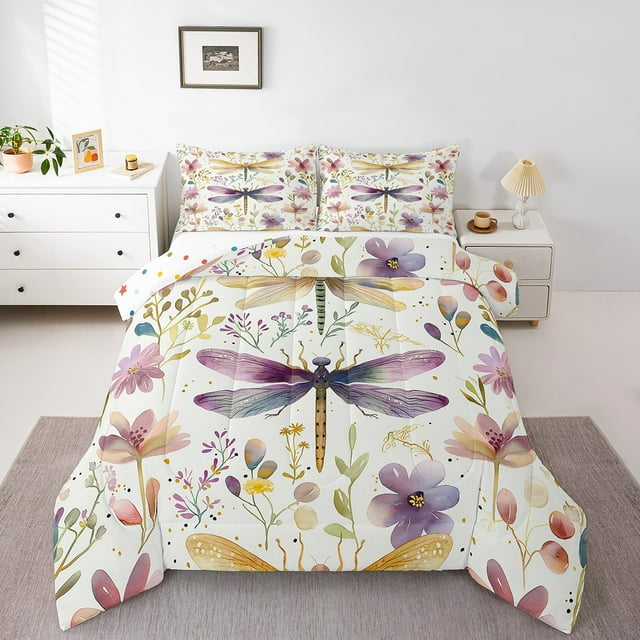 Ensemble de Literie Libellule Simple pour Garçons Filles, Ensemble de Couette Rustique de Style Ferme, Imprimé Floral Nature, Ensembles de Couette de Literie, Insert de Couette Libellule Animal Sauvage pour Femmes Adultes, Courtepointe Style Ferme