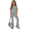 thumbnail image 5 of Teen Girls Solid Color Clothes 2 Piece Outfit Classic Short Sleeve Tee Basic Top Bell Bottom Pants Set Casual Flare Trouser Sweatsuit Activewear Suit, 5 of 7