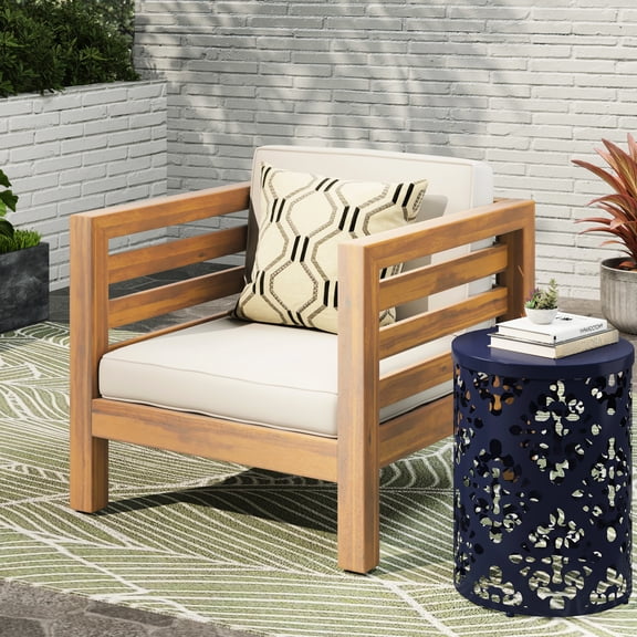 Club Chair With Wood - Beige Waterproof Cushions For Outdoor Relax Frame And Relaxation