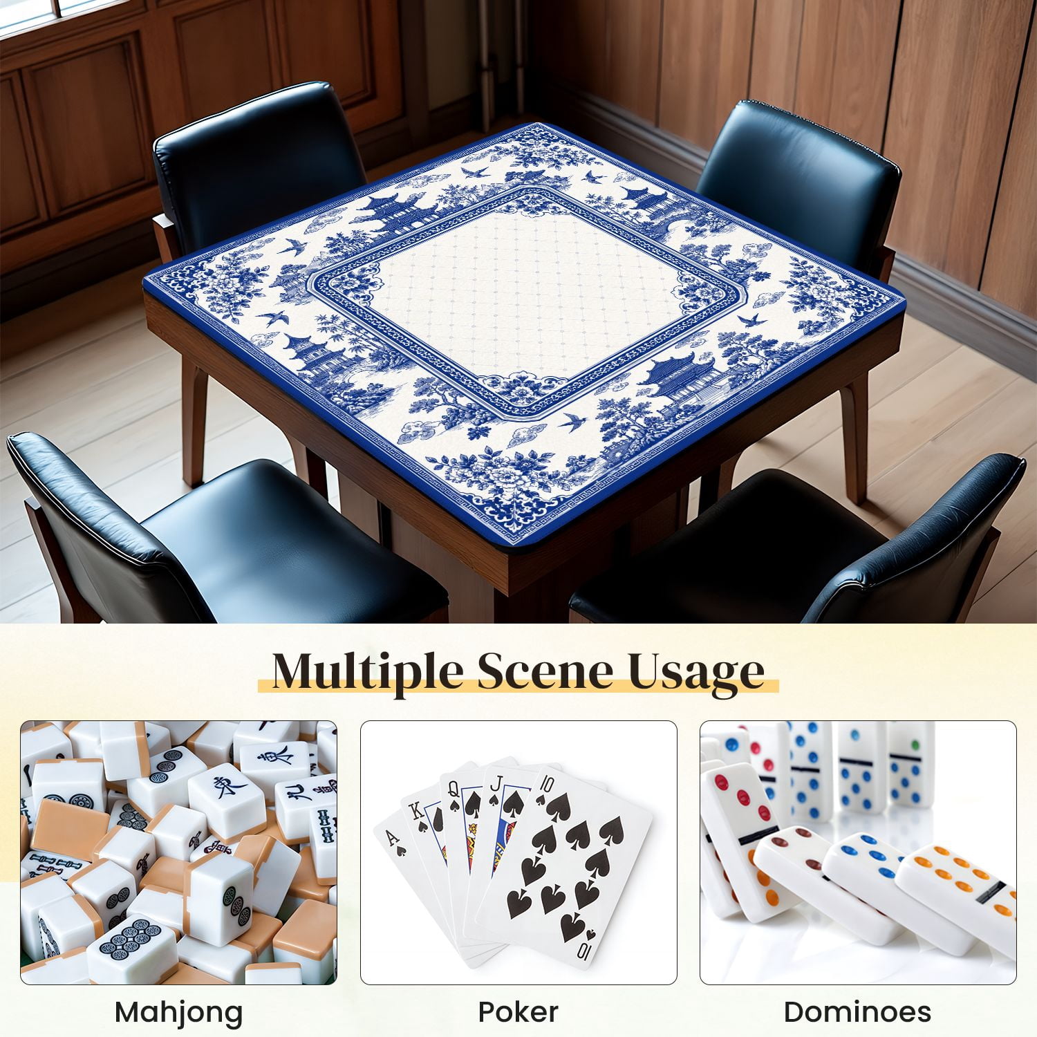 Mahjong Mat 31.5" x 31.5" Blue White Chinese Landscape Pagodas Birds Trees Floral Borders Non-Slip Noise Reduction Mahjong Tiles Table Cover for Dominoes Poker Card Board and Tile Games