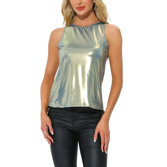 Allegra K Top sin mangas metálico para mujer, camiseta brillante para fiesta, XS, dorado y azul