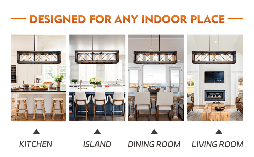 bokifol 5-Light Fixture Kitchen Island Lighting, 35.5 Inch Rustic Rectangle Chandeliers for Dining Room
