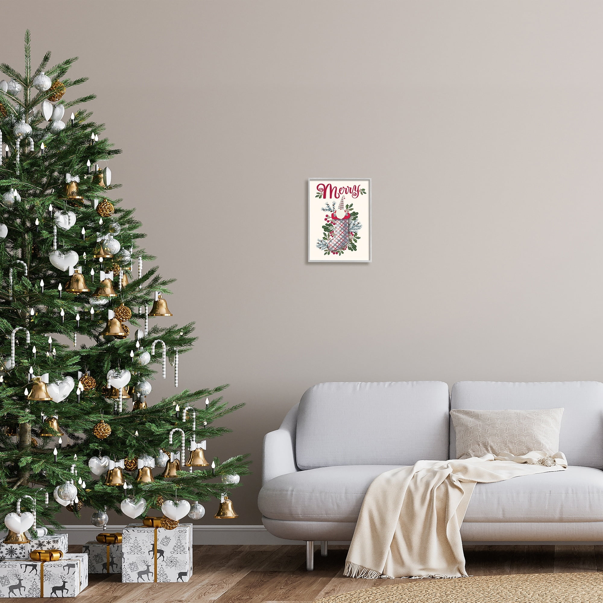 Merry Sentiment Christmas Gnome in Plaid Holly Stocking 11 in x 14 in Framed Painting Art Prints, by Stupell Home Décor