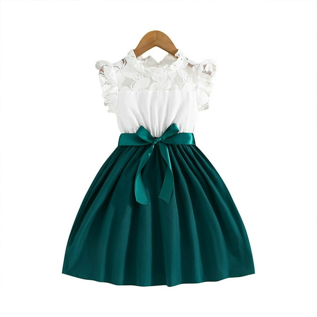 Qudderr Robe pour Fille 4-7 Ans pour Enfants Été Décontractée Robe d'Été Tout-Petit Robe Unie à Empiècements avec Ceinture en Ruban pour Filles