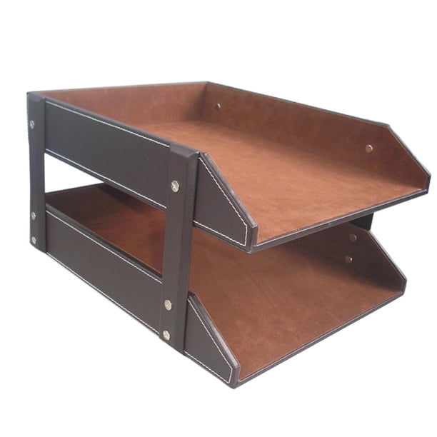 Organizador de archivos de cuero sintético de doble capa, soporte para documentos y papel para escritorio. B