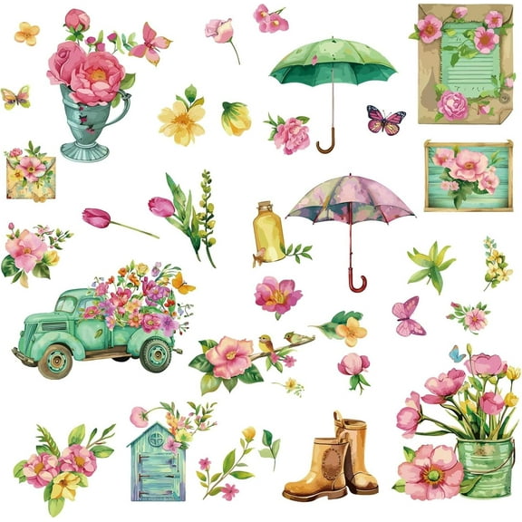 8 Sheets Spring Flowers Window Clings Summer Floral Glass Stickers Butterfly Umbrella Truck Waterproof proofing Collision Window Decal Peel and Stick