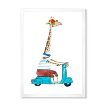 Designart 'Giraffe Dressed Up Wearing Helmet & Riding Blue Scooter' Children's Art Framed Art Print