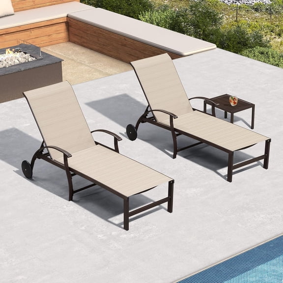 PURPLE LEAF Outdoor Chaise Lounge Chair Set of 3 with Side Table and Wheels Adjustable Aluminum Chairs Light Khaki for Outside Yard Patio Pool Garden Beach