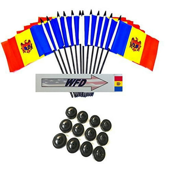 Pack of 12 4"x6" Moldova Polyester Miniature Office Desk & Little Table Flags, 1 Dozen 4"x 6" Moldova Small Mini Handheld Waving Stick Flags with 12 Flag Bases (Flags with Stands)