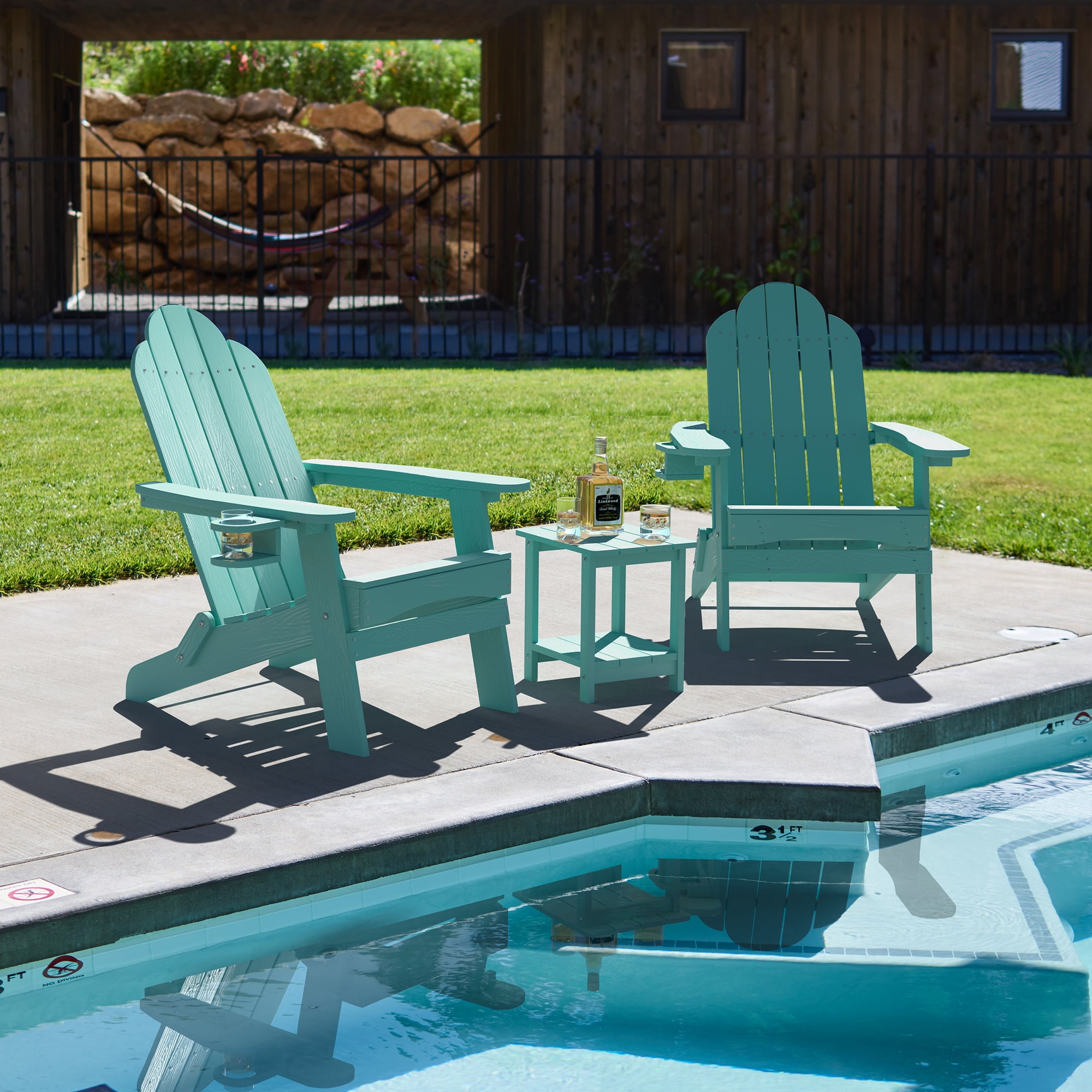 Dycanpo Folding Adirondack Chair Set of 4, Fire Pit Patio Garden Chair with Cup Holder, Blue Turquoise