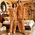 thumbnail image 2 of Halloween Matching Pjs for Couples Long Sleeve Sleepwear His and Her Matching Pajamas Halloween Bat Button Down Warm Lounge Sets 2 Pcs Loungewear Saffron L, 2 of 7