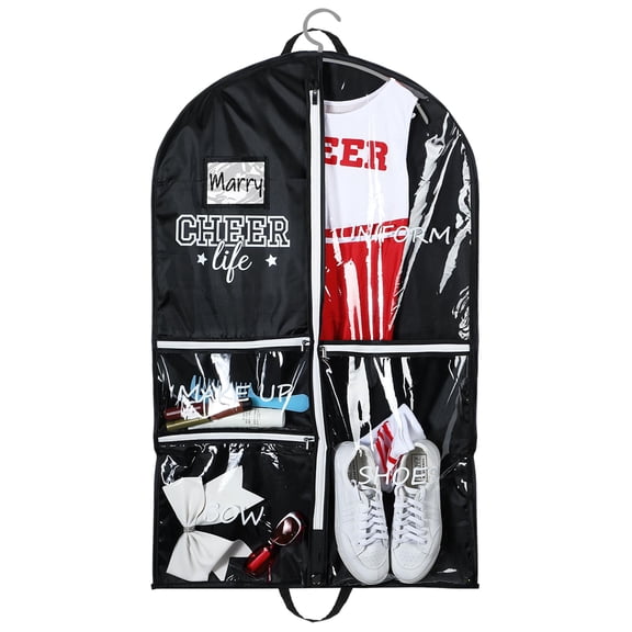 Cheer Dance Costume Garment Bag 40 Inch Waterproof Hanging Organizer with 5 Pockets Clear Window ID Holder Travel Storage for Uniforms Black White