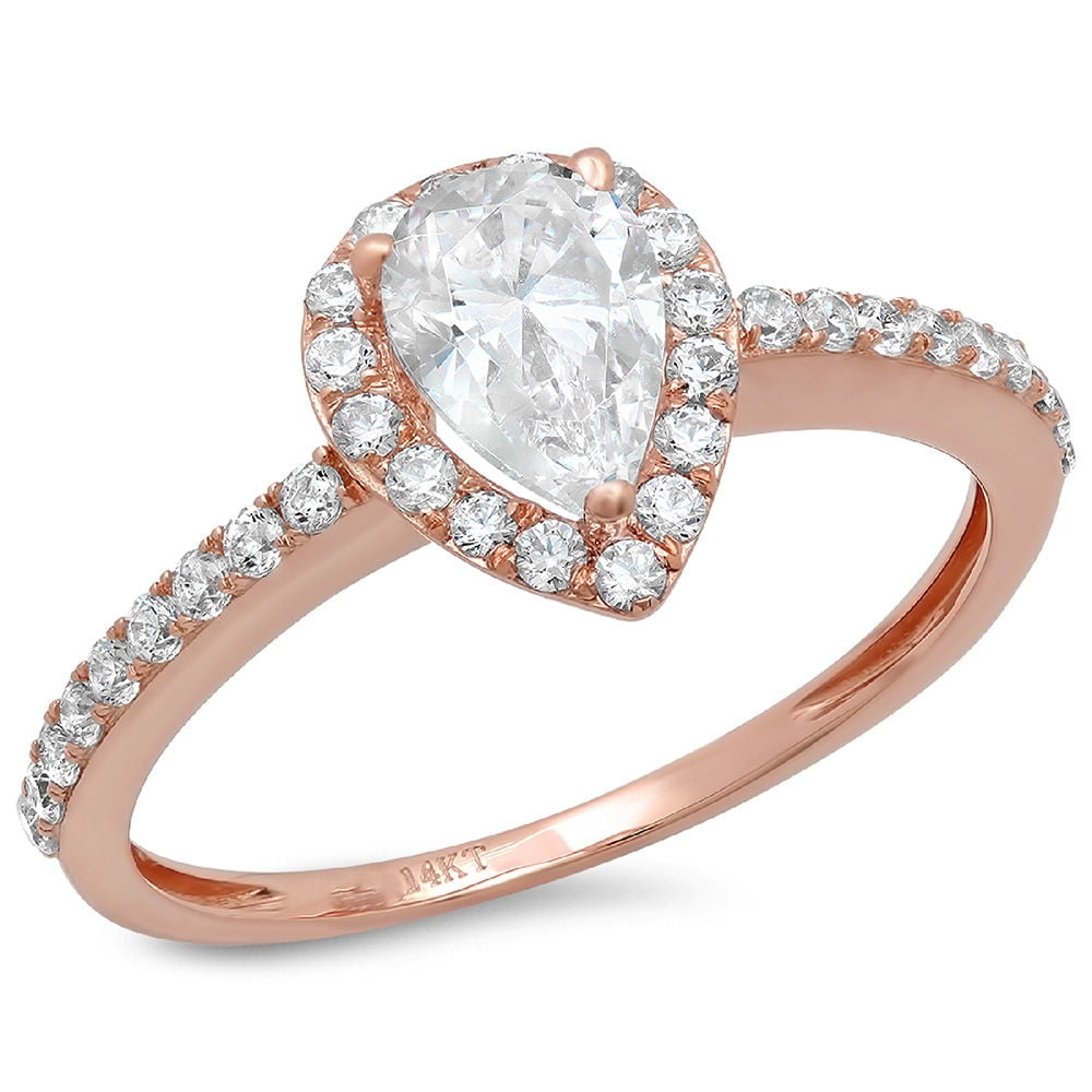 2.0ct Round Pear Cut Solitaire 3 stone Accent Lab Created White Sapphire & Simulated Diamond Engagement Promise Statement Anniversary Bridal Wedding Ring Band set Real Solid 14k Rose Gold 