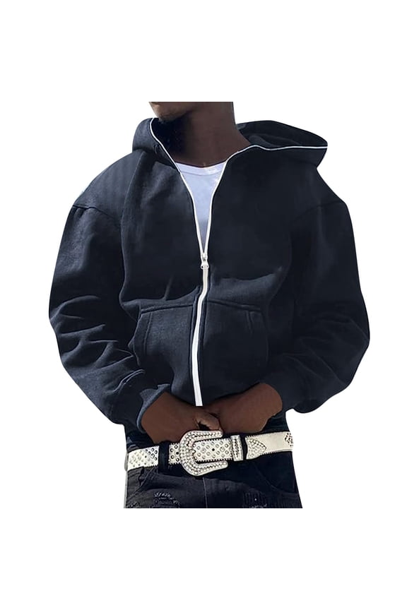 Mens Zip Up Hoodie Oversized Fit Kangaroo Pocket Jacket Cozy Casual School Outerwear