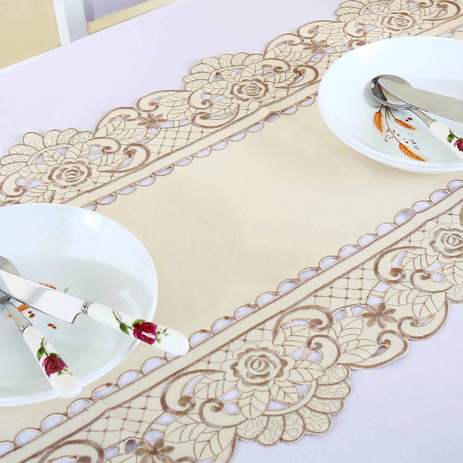 Unique Bargains Vintage Flower Embroidery Tassel Table Runner Light Beige 16"x59"