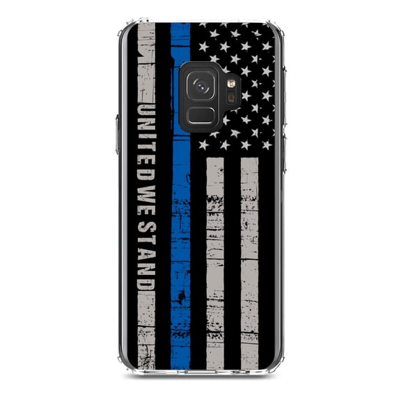 DistinctInk Clear Shockproof Hybrid Case for Samsung Galaxy S9 (5.8" Screen) - TPU Bumper, Acrylic Back, Tempered Glass Screen Protector - Thin Blue Line US Flag "United We Stand"