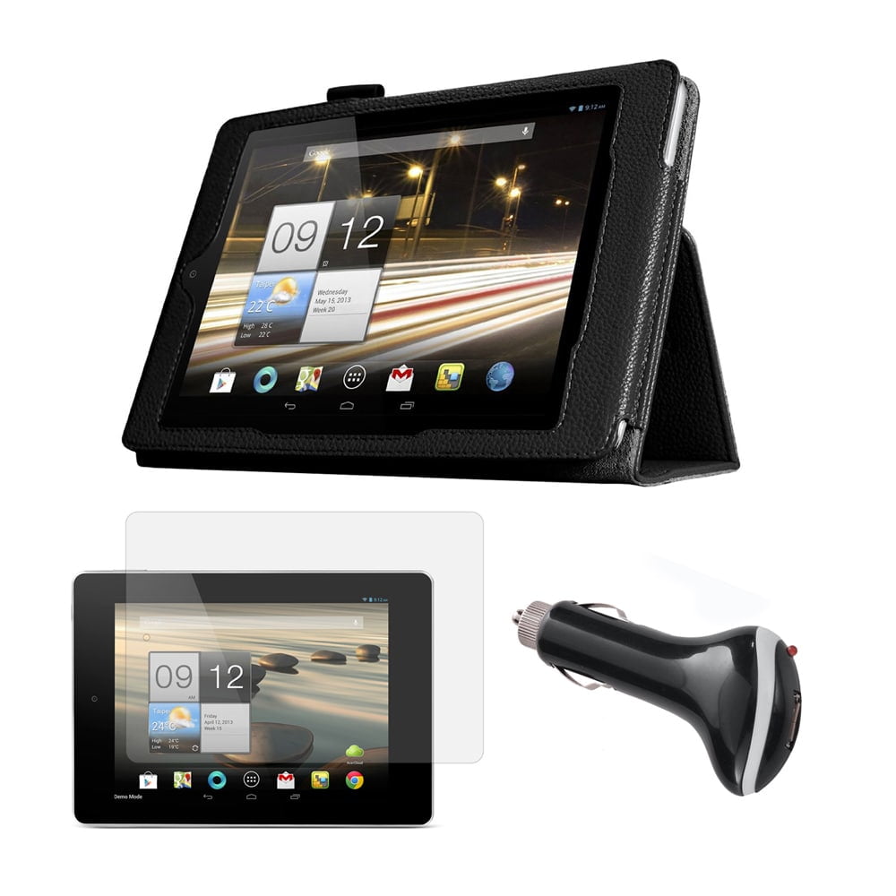 Black Folio Case with Screen Protector and Car Charger for Acer Iconia