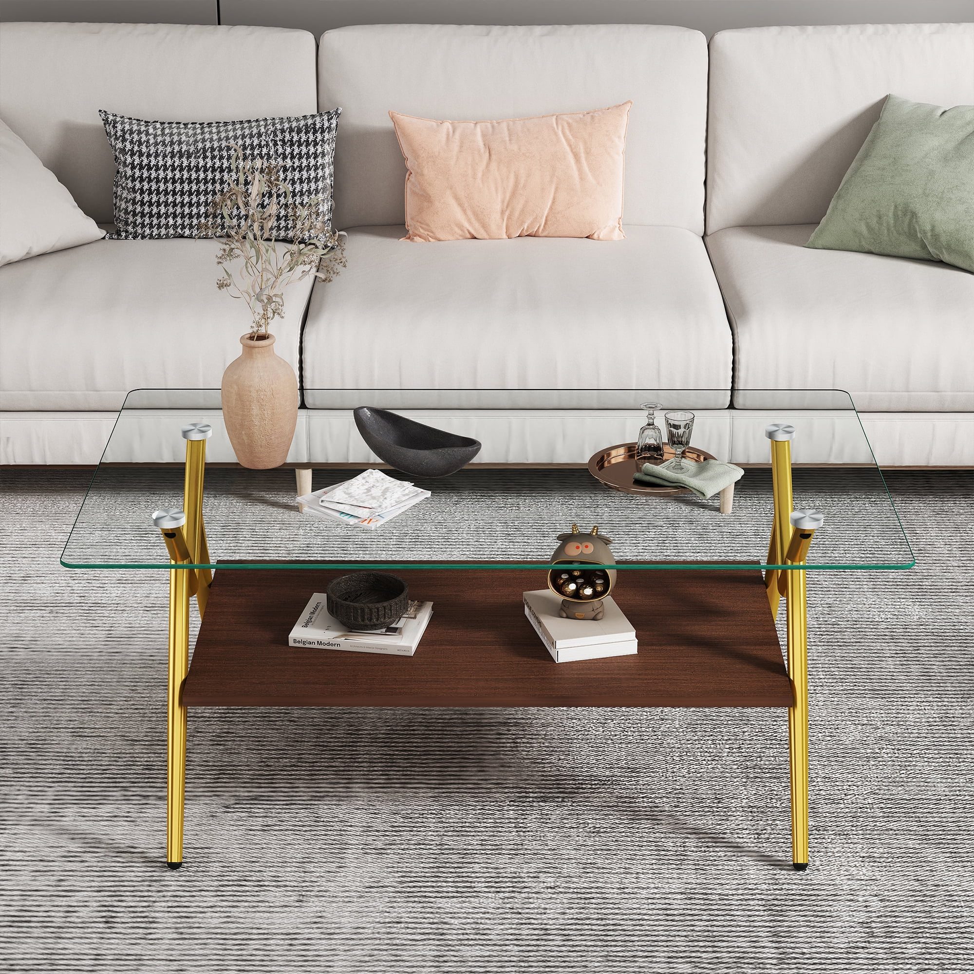 MAYEERTY Rectangle Coffee Table with Tempered Glass Top and Gold Metal Legs