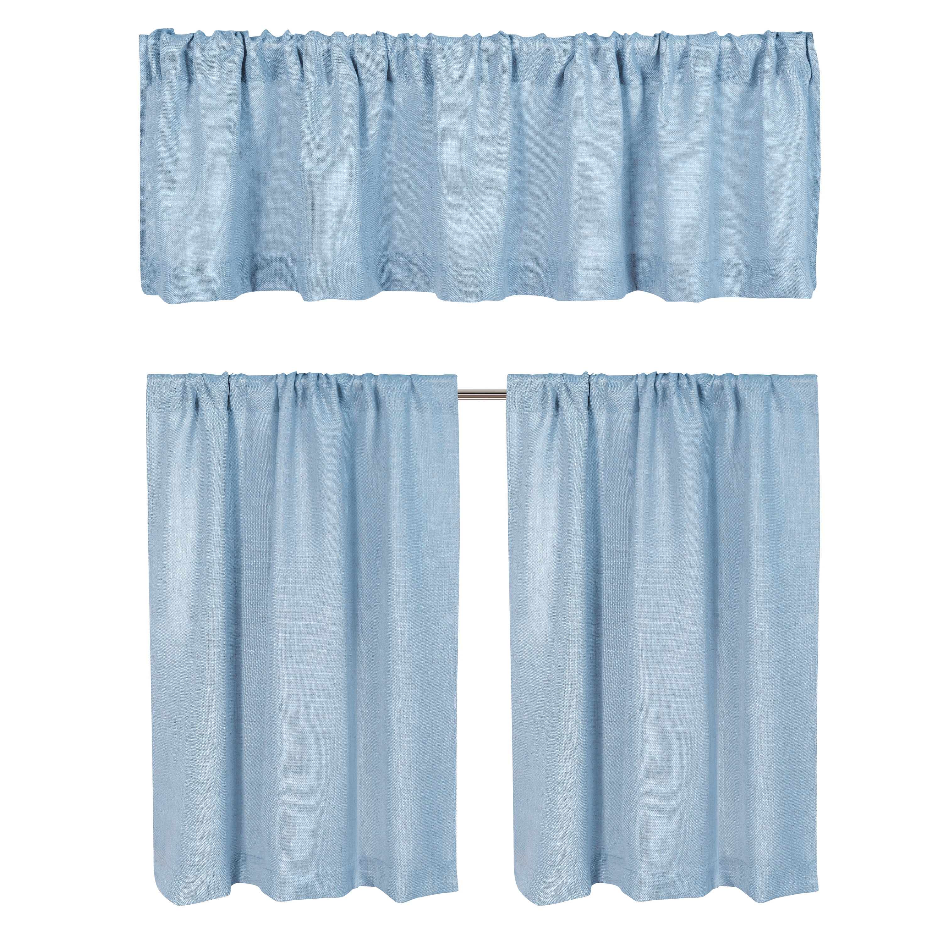 Better Homes & Gardens Linen Blend Light Filtering Rod Pocket Kitchen Curtain Tier and Valance Set, 3-Piece, Blue Water, 60 in x 36 in