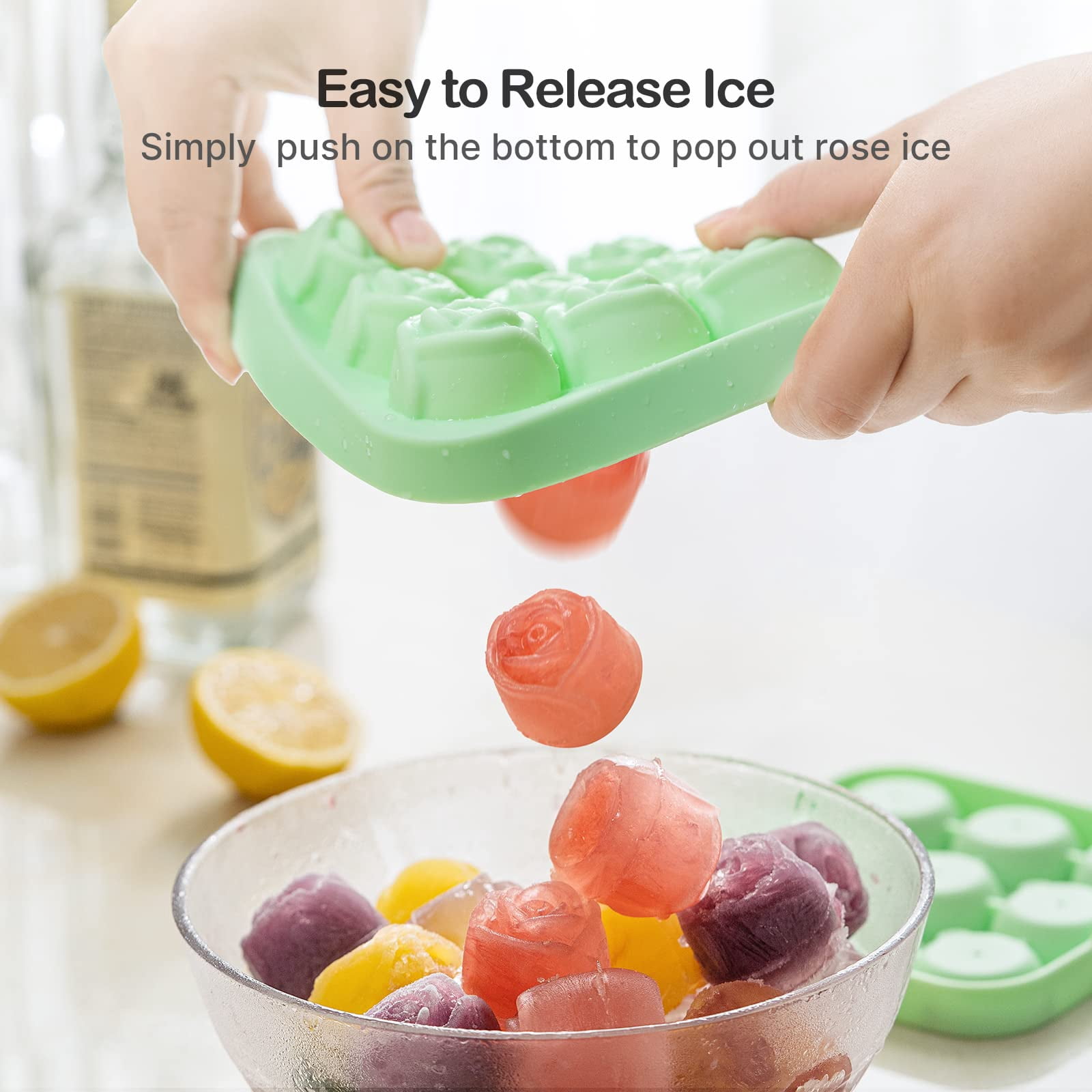 4 Pcs Silicone Rose Ice Cube Mold with Covers Fun Shapes Flower Ice Cube Mold Trays Maker 9 Cavity Easy Release Form for Whiskey Bourbon Cocktails Wine Coffee Juices and More