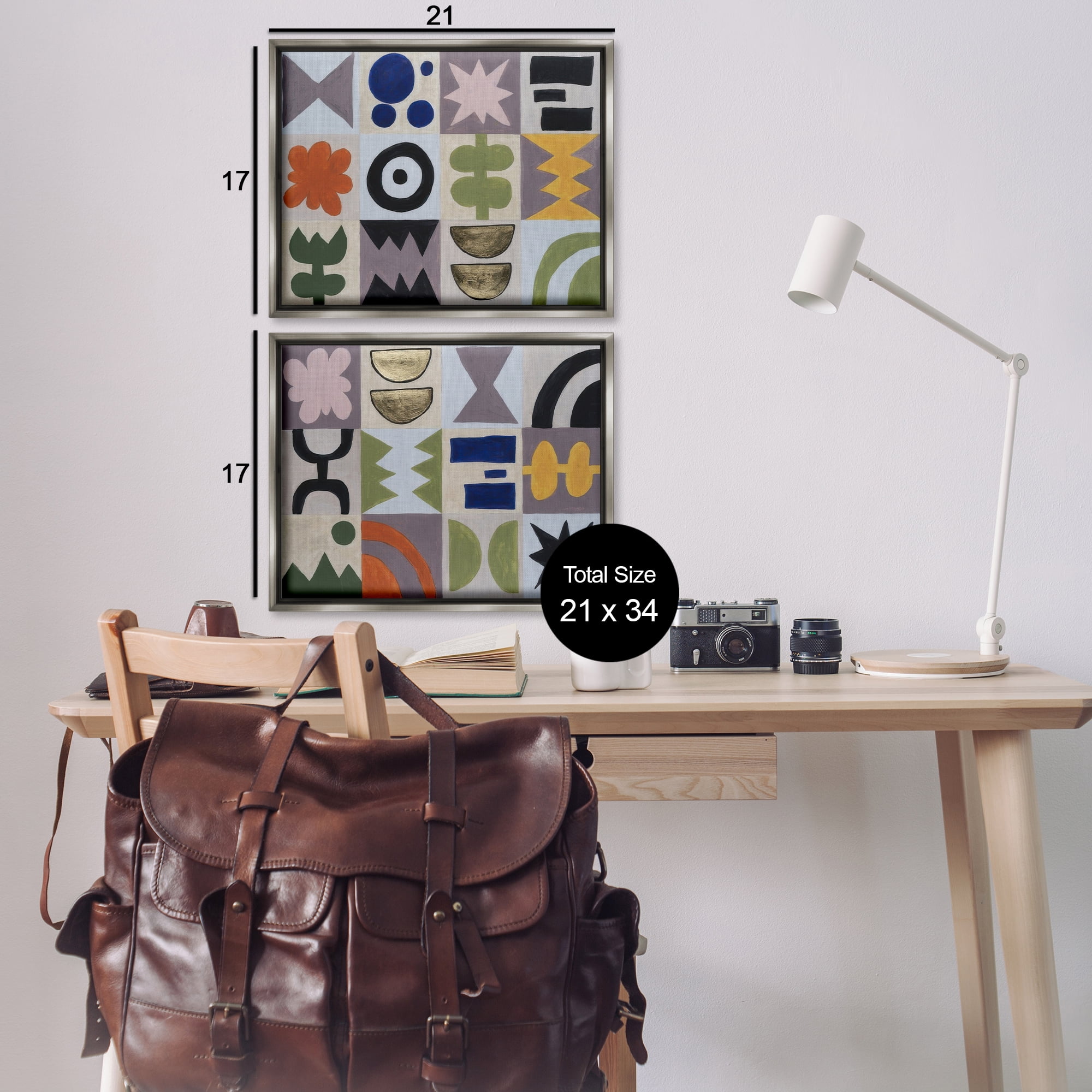 Stupell Industries Bohemian Shapes Squares Abstract Painting Gray Floater Framed Canvas Art Print Wall Art, 21 x 17, Set of 2