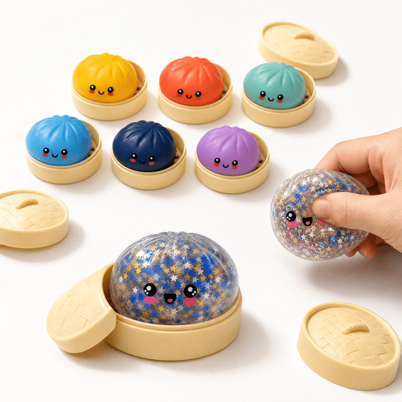 Confetti Mystery Dumpling Squishy Box, Random 1 of 7 Colors TPR Squeeze Fidget Toy, Stress Relief Sensory Toy for Desktop Decor Birthday Holiday Party Gifts
