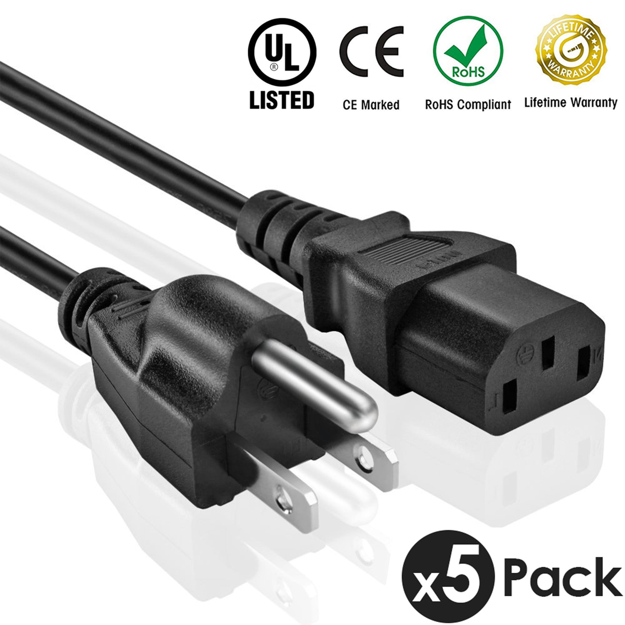 5 Pack 6ft 3prong Ac Power Cord For Samsung Toshiba Vizio Sharp Philips Lcd Tv Plasma Walmart Com