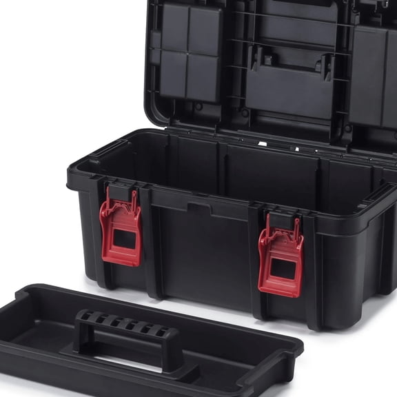 16-Inch Heavy-Duty Black Plastic Toolbox Hardware Storage with Removable Tray & Lid Organizers