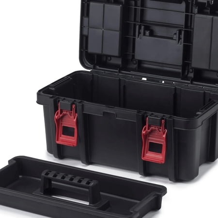 16-Inch Heavy-Duty Black Plastic Toolbox Hardware Storage with Removable Tray & Lid Organizers 16-Inch Heavy-Duty Black Plastic Toolbox Hardware Storage with Removable Tray & Lid Organizers