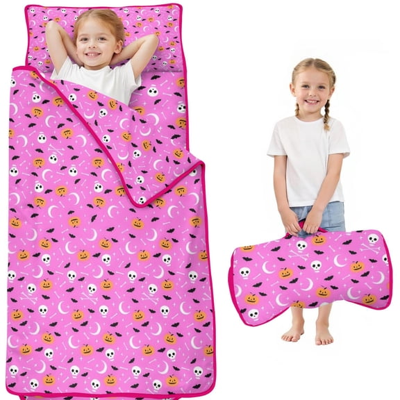 Pink Halloween Pattern Toddler Nap Mats for Kids Preschool,50"x20" Sleeping Mat Bag or Kids,Toddler Sleeping Bag,Toddler Nap Mat or Daycare