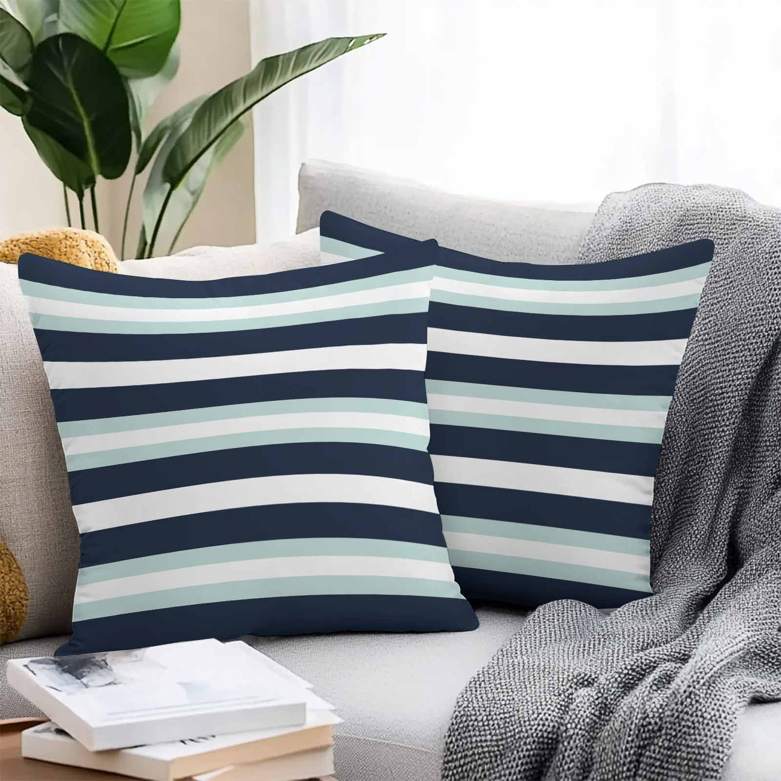 Turquoise Navy Blue Stripe Outdoor Pillow Covers Set of 2 Modern Abstract Waterproof Throw Pillow Case Decorative Square Cushion Cover for Patio Couch Garden Balcony, 18"x18"