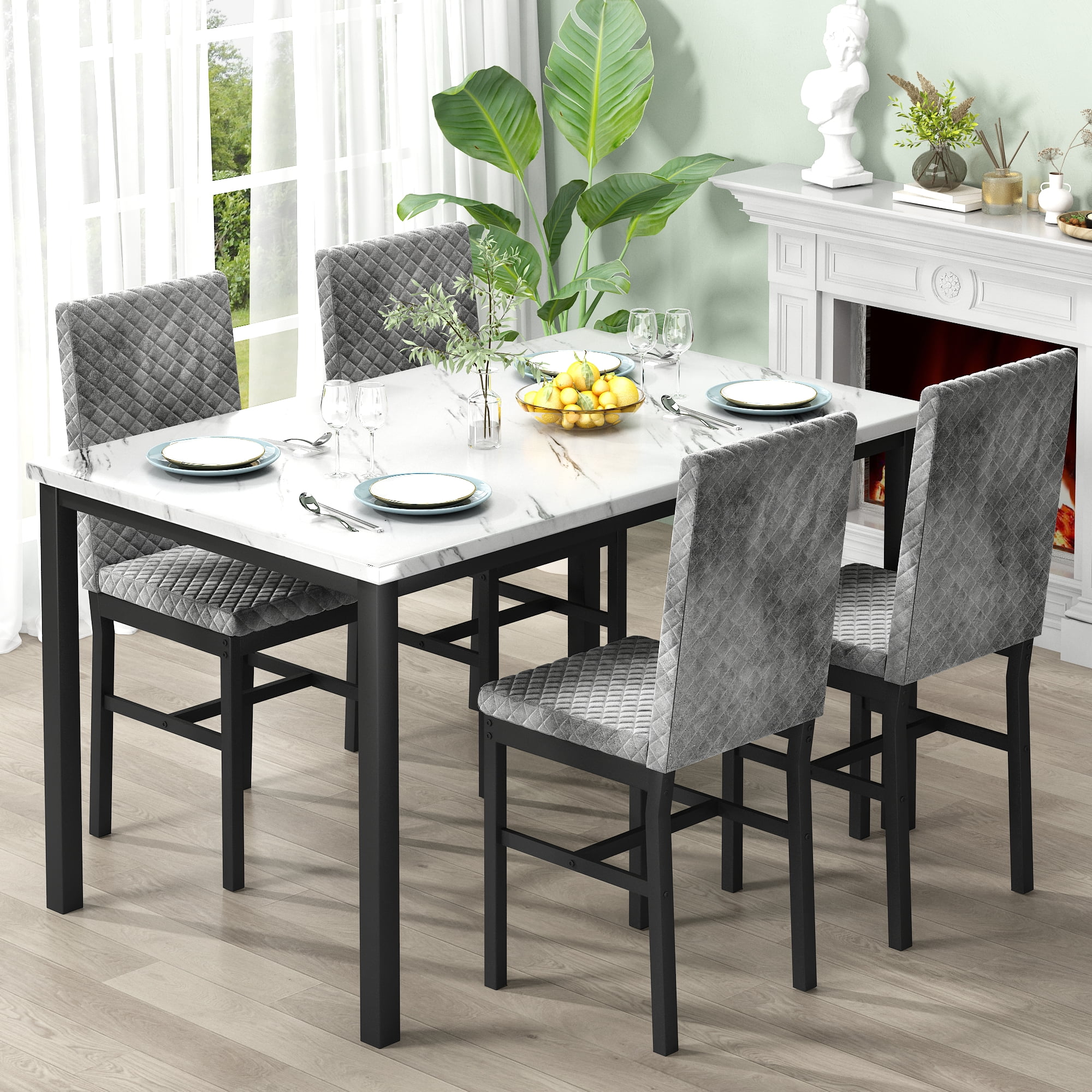 Cvortll 5 Piece Dining Table Set, Kitchen Table and Chairs Set for 4 with Faux Marble and 4 Velvet Upholstered Dining Chairs for Home, Restaurant, White & Grey