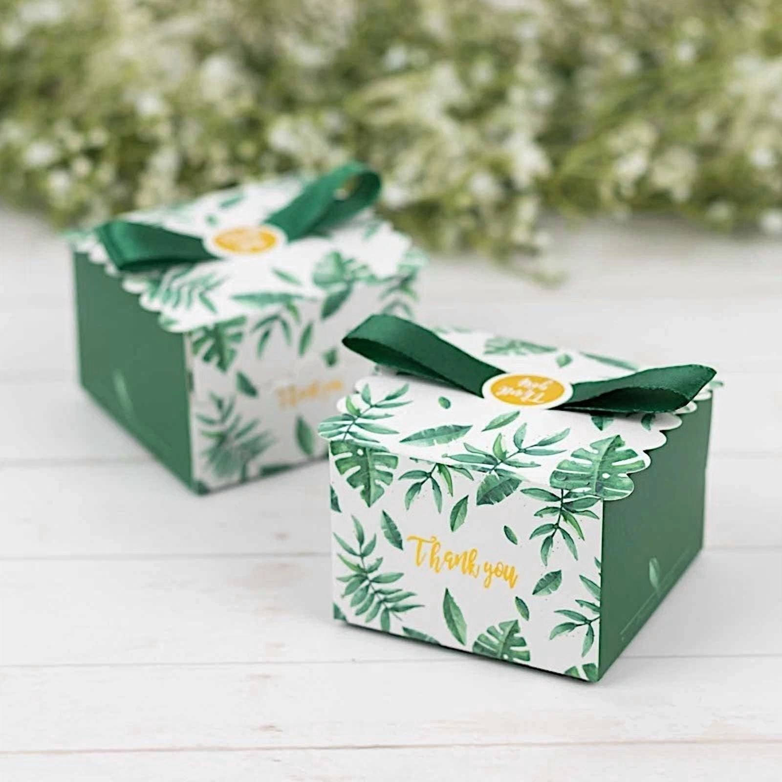 25 Green Monstera Leaf Print Favor Gift Boxes Satin Ribbon Bow Party Decorations
