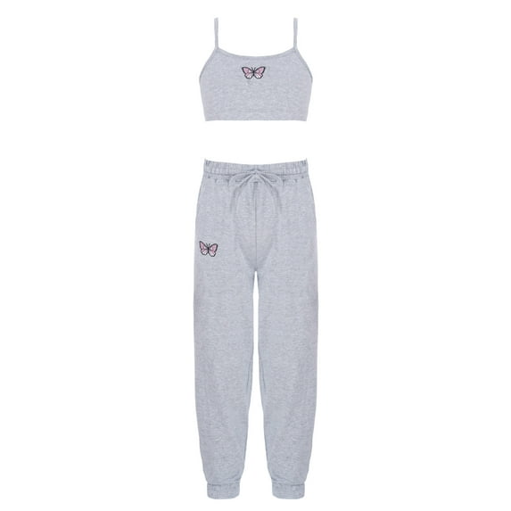 Yeahdor Kids Girls 2Pcs Sports Suit Sleeveless Butterfly Prints Crop Vest with Pants Set for Gym Running